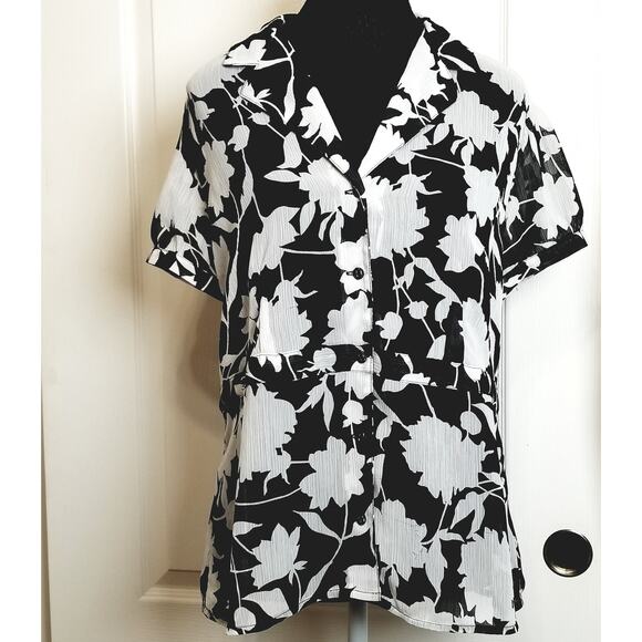 Sag Harbor Black White Sheer See Through Floral Short Sleeve Button Down Size M - Picture 1 of 7